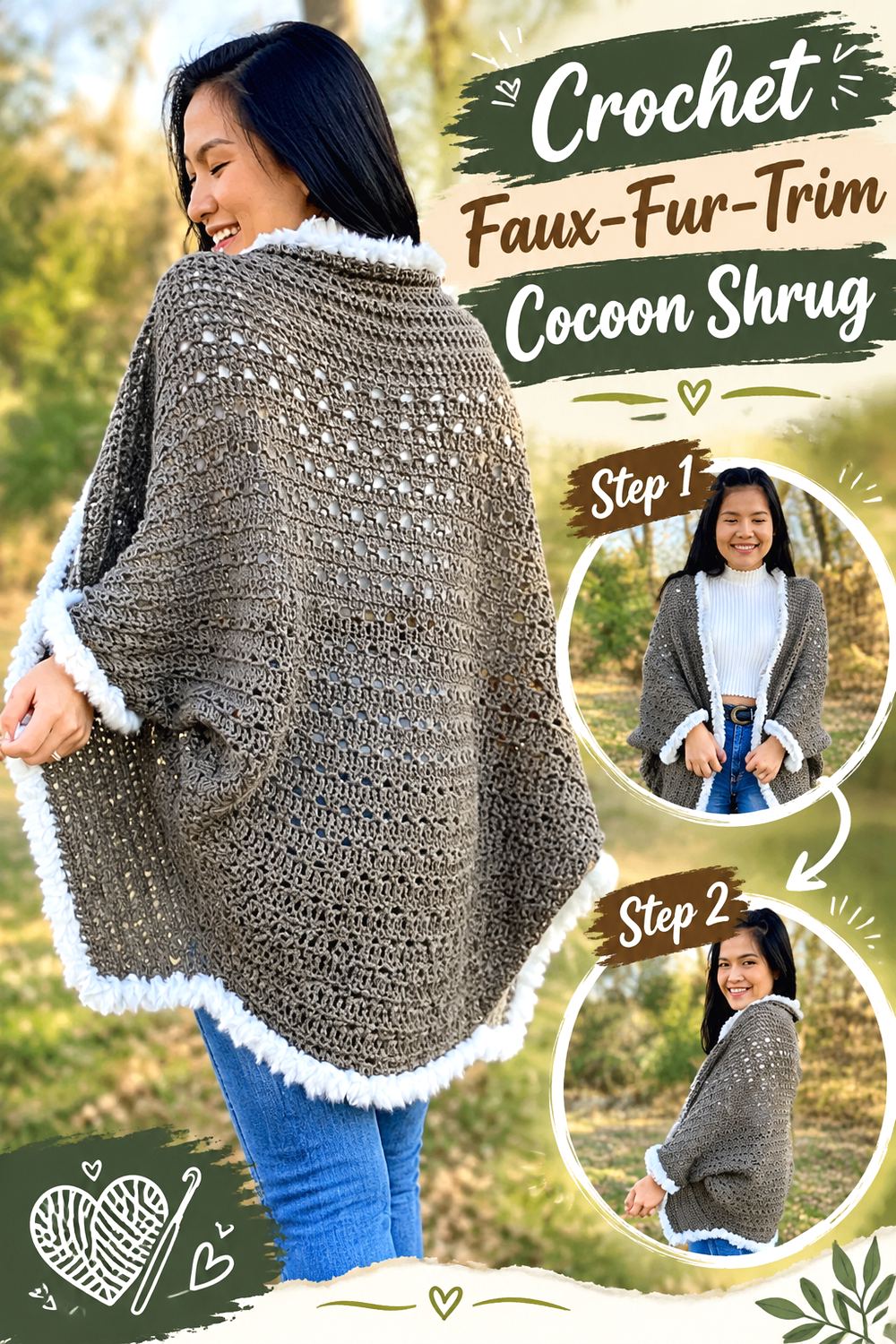 Crochet Faux Fur Trim Cocoon Shrug
