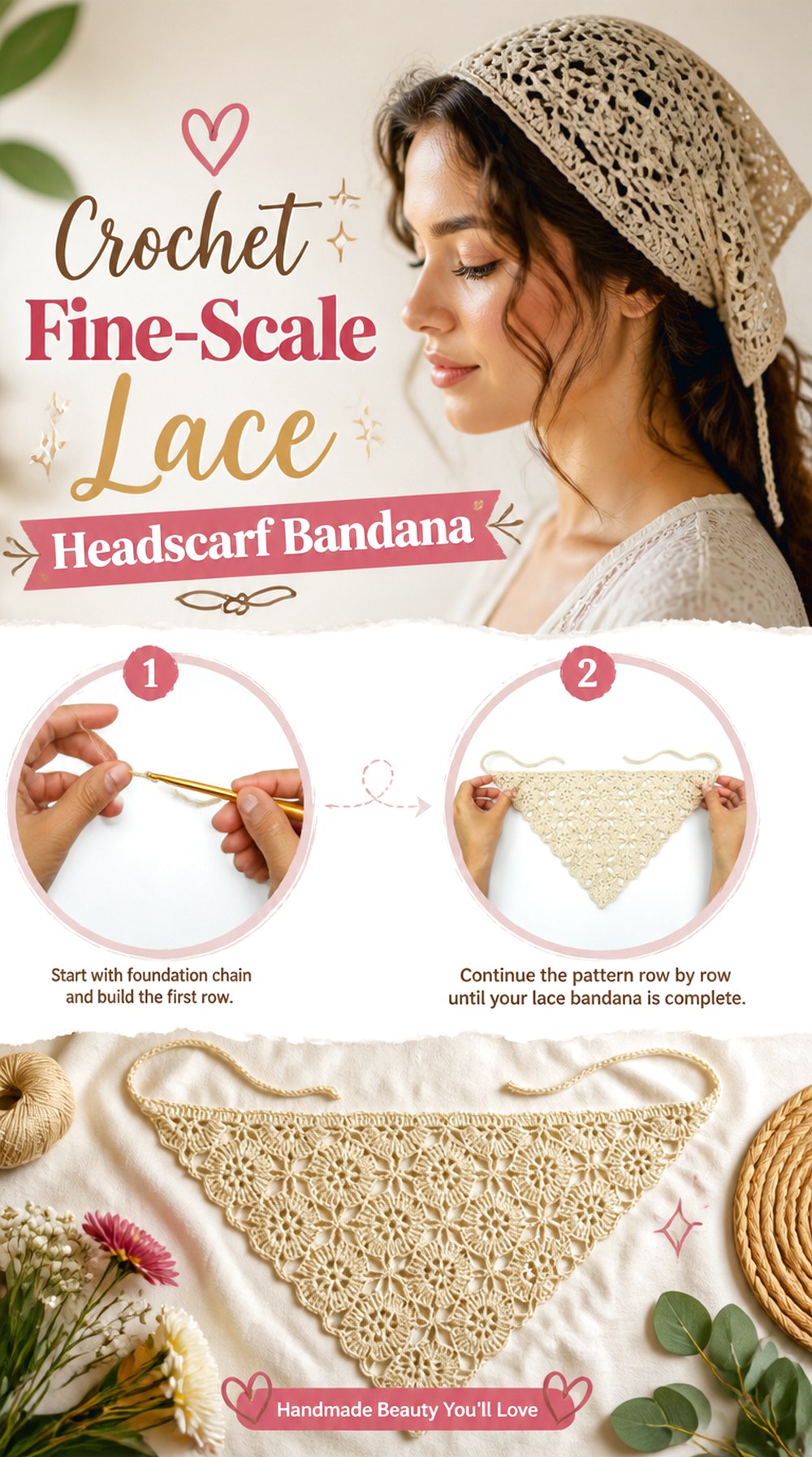 Crochet Fine Scale Lace Headscarf Bandana