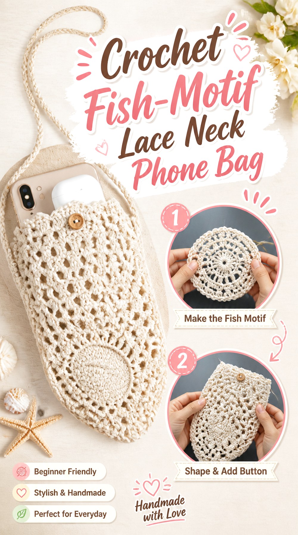 Crochet Fish Motif Lace Neck Phone Bag