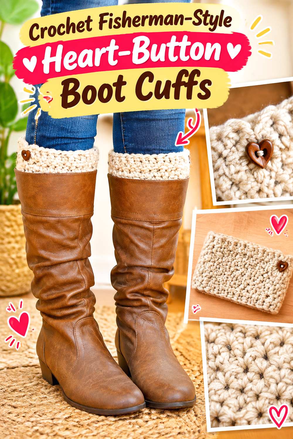 Crochet Fisherman Style Heart Button Boot Cuffs
