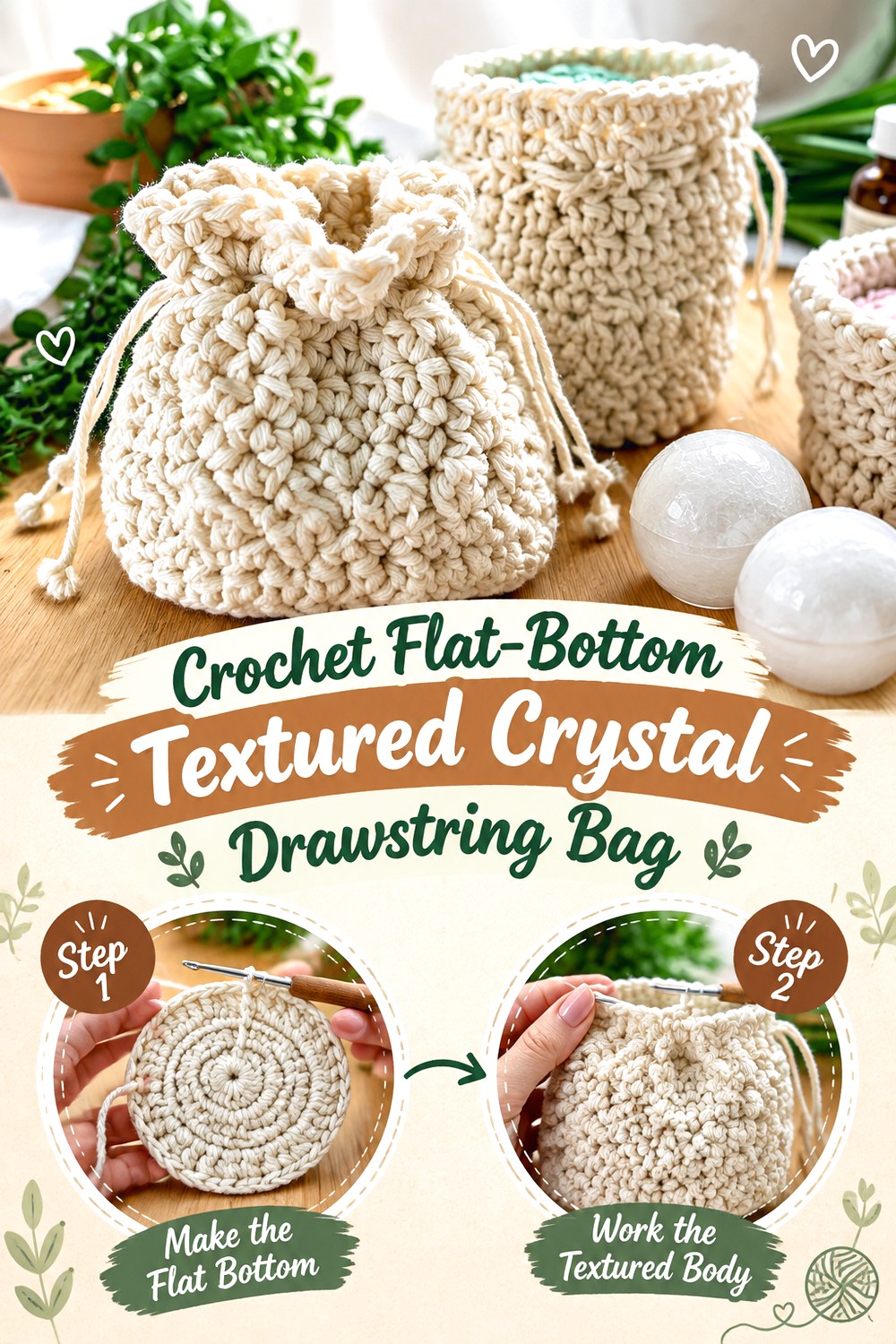 Crochet Flat Bottom Textured Crystal Drawstring Bag