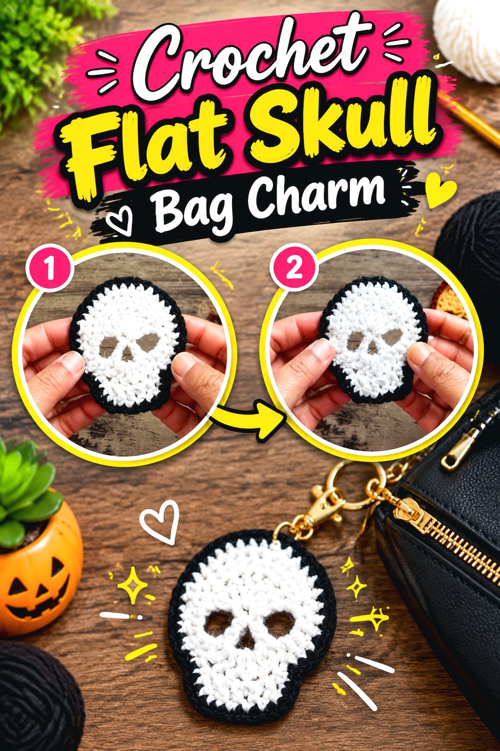 Crochet Flat Skull Bag Charm