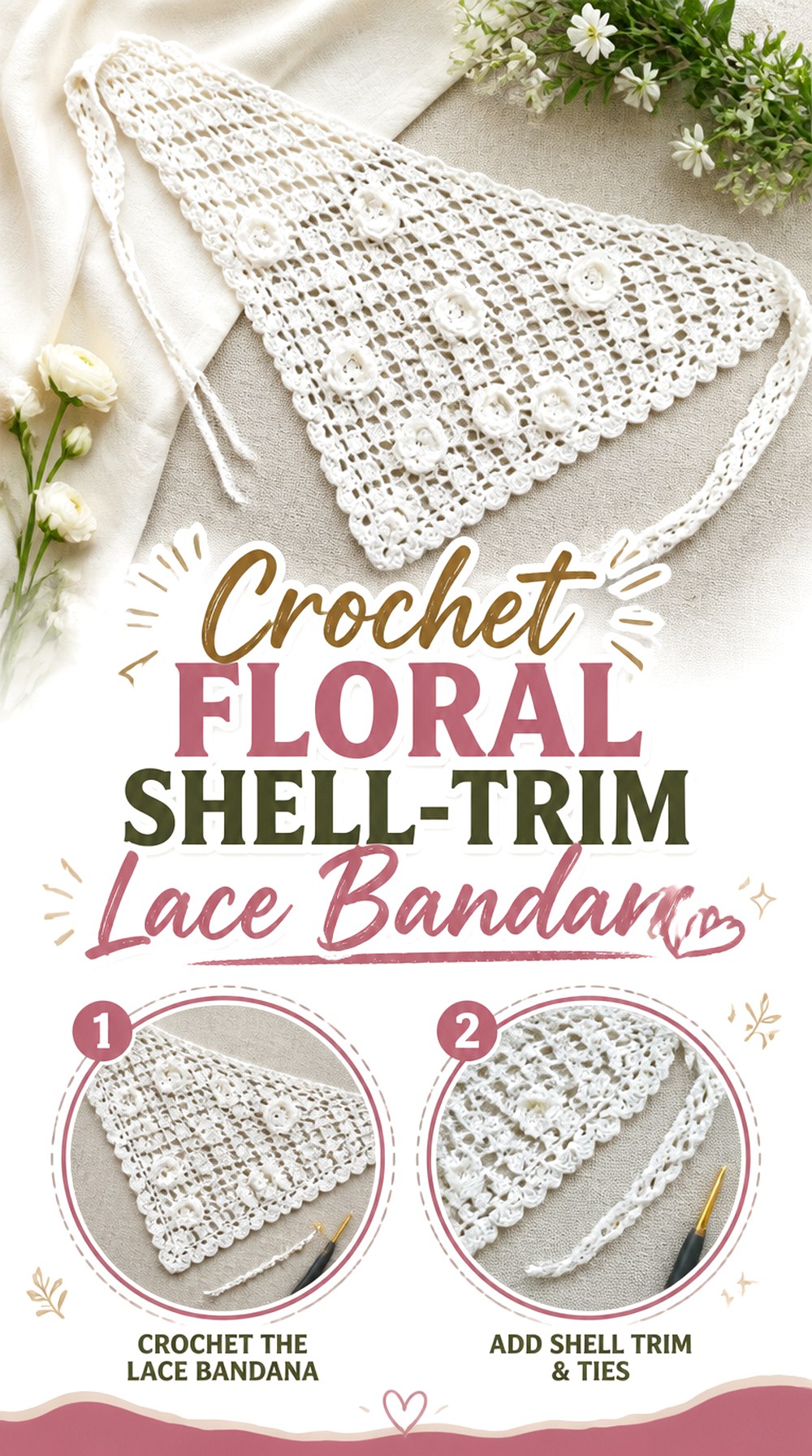 Crochet Floral Shell Trim Lace Bandana