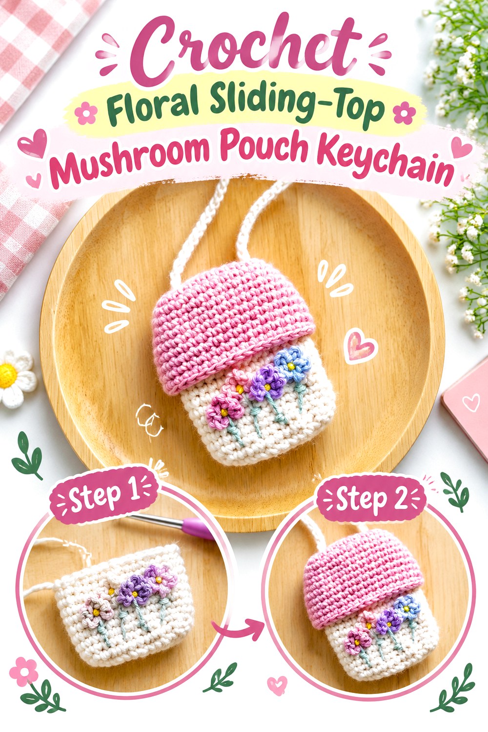 Crochet Floral Sliding Top Mushroom Pouch Keychain