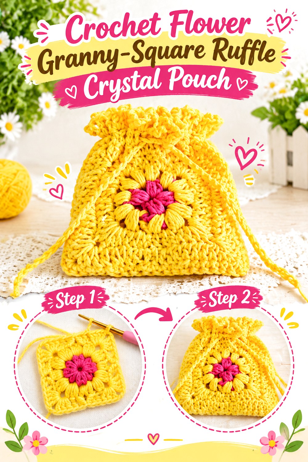Crochet Flower Granny Square Ruffle Crystal Pouch