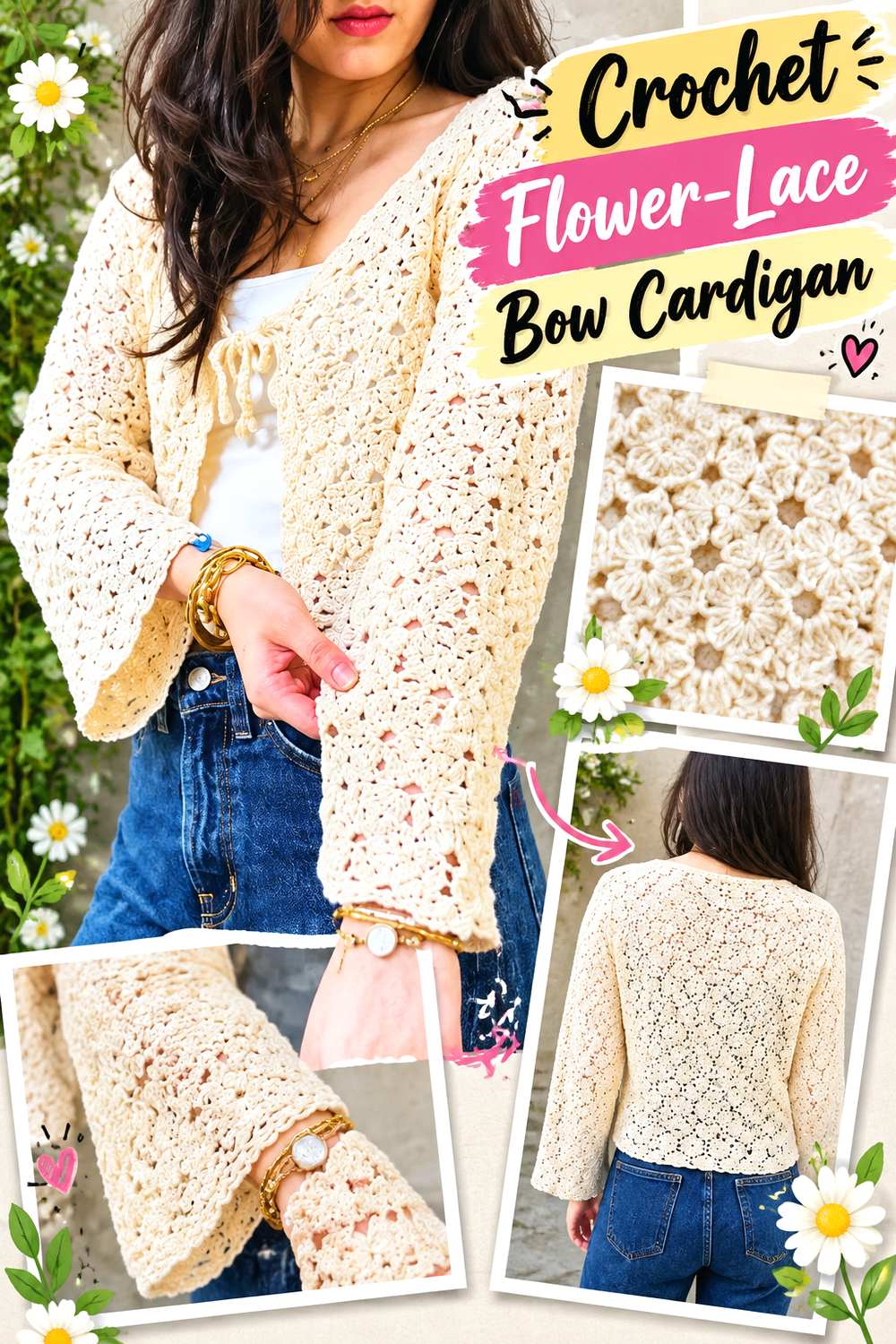 Crochet Flower Lace Bow Cardigan