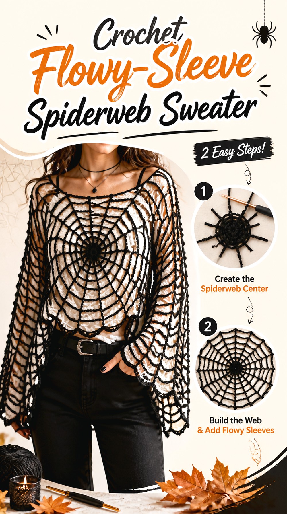 Crochet Flowy Sleeve Spiderweb Sweater