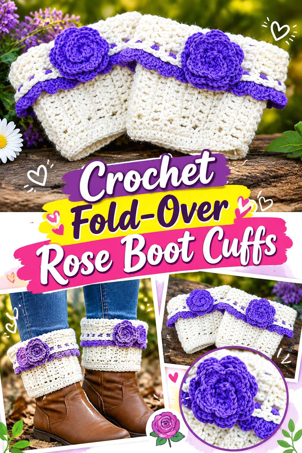 Crochet Fold Over Rose Boot Cuffs