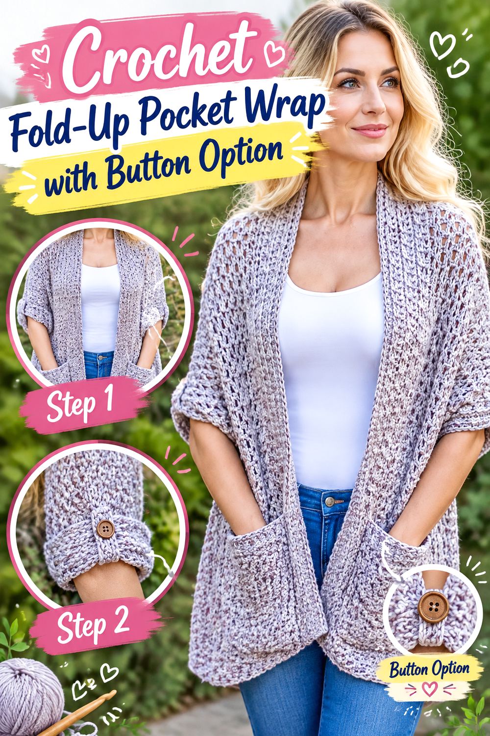 Crochet Fold Up Pocket Wrap with Button Option