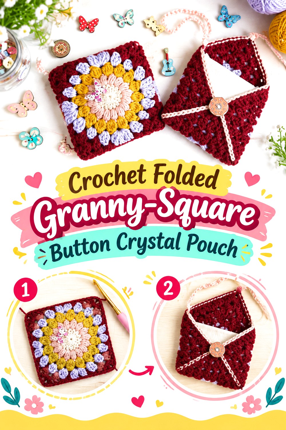 Crochet Folded Granny Square Button Crystal Pouch