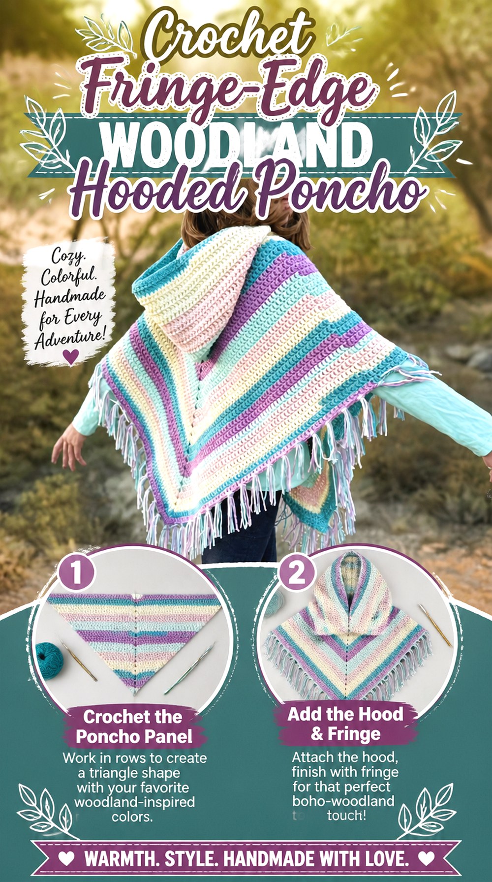 Crochet Fringe Edge Woodland Hooded Poncho