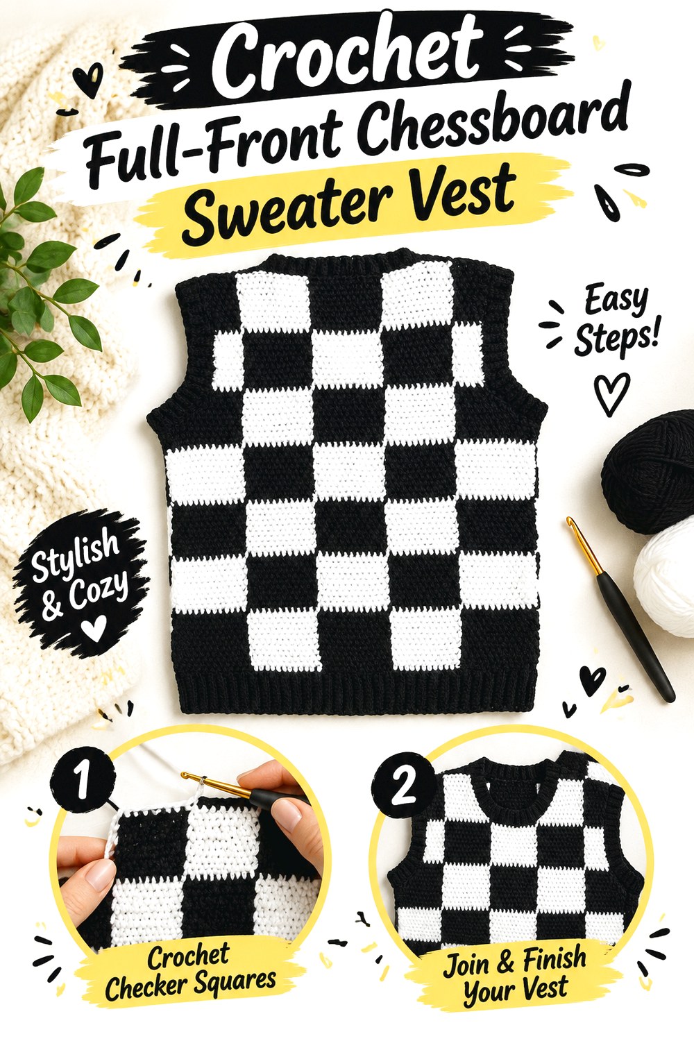 Crochet Full Front Chessboard Sweater Vest