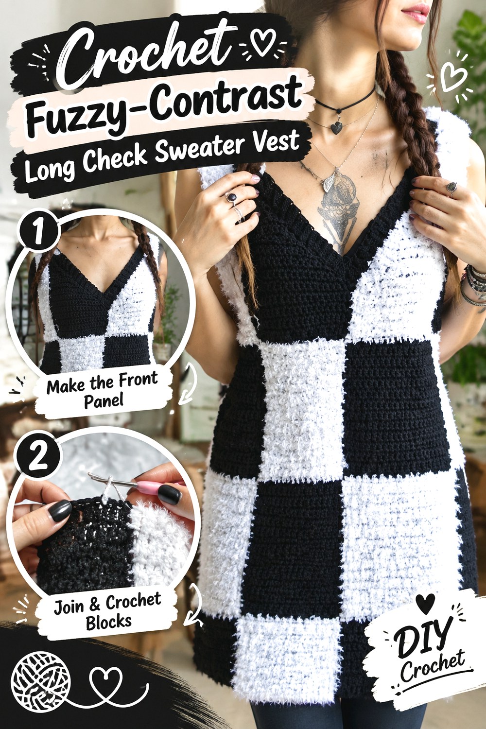 Crochet Fuzzy Contrast Long Check Sweater Vest