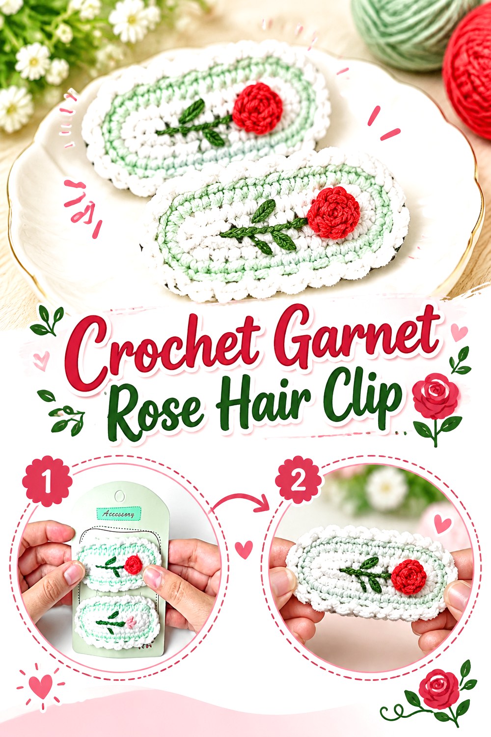 Crochet Garnet Rose Hair Clip