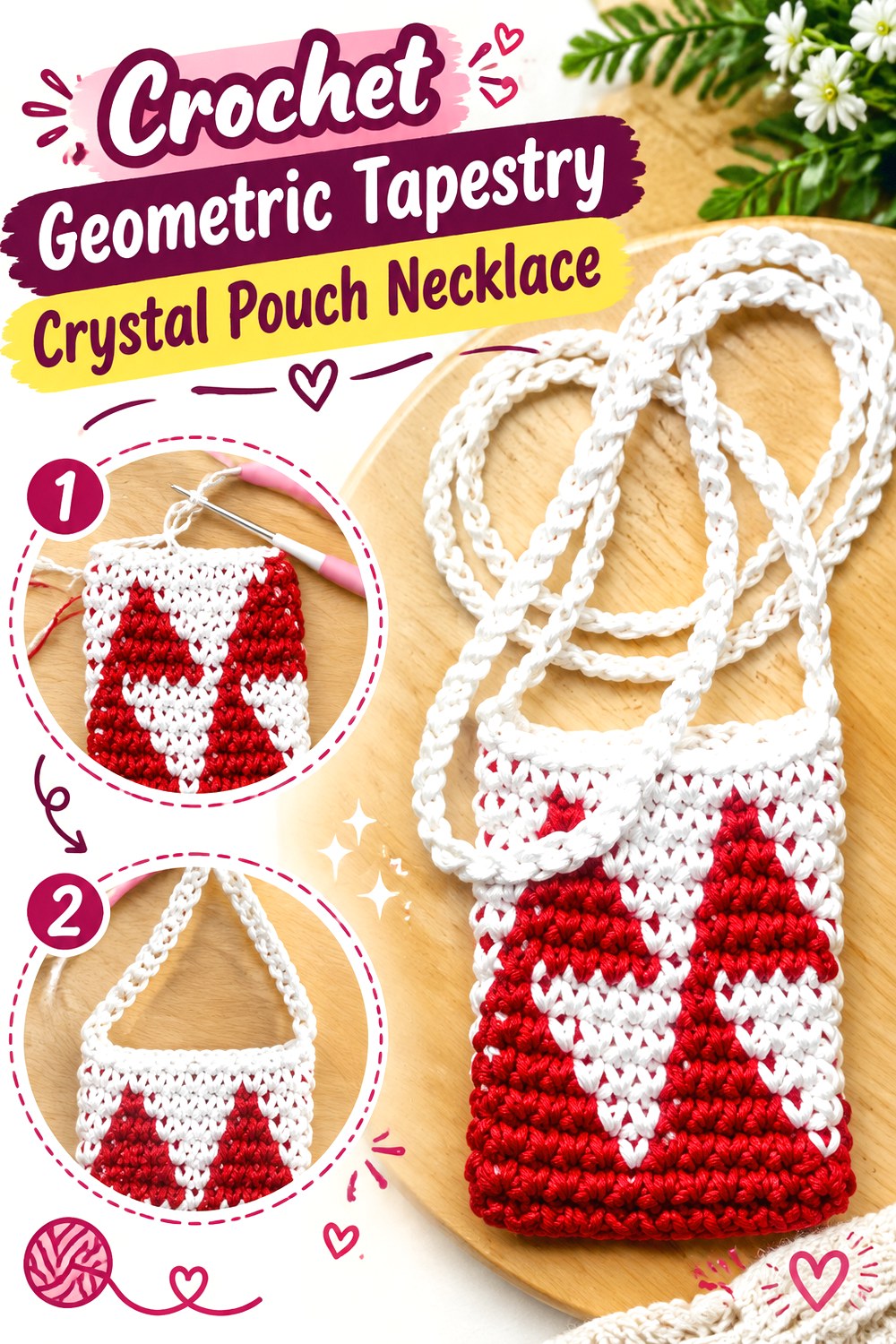 Crochet Geometric Tapestry Crystal Pouch Necklace