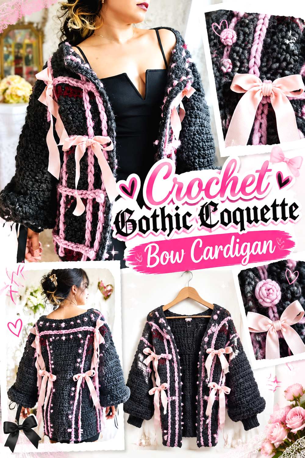 Crochet Gothic Coquette Bow Cardigan