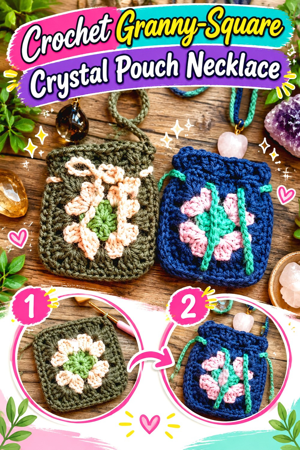 Crochet Granny Square Crystal Pouch Necklace