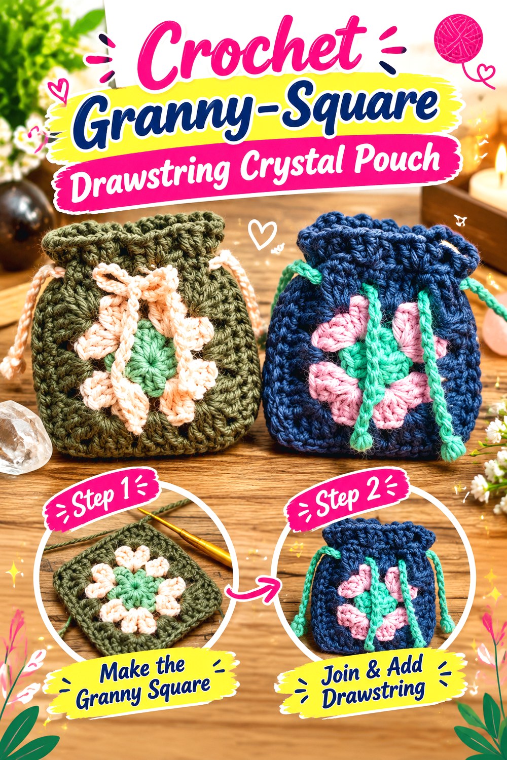 Crochet Granny Square Drawstring Crystal Pouch