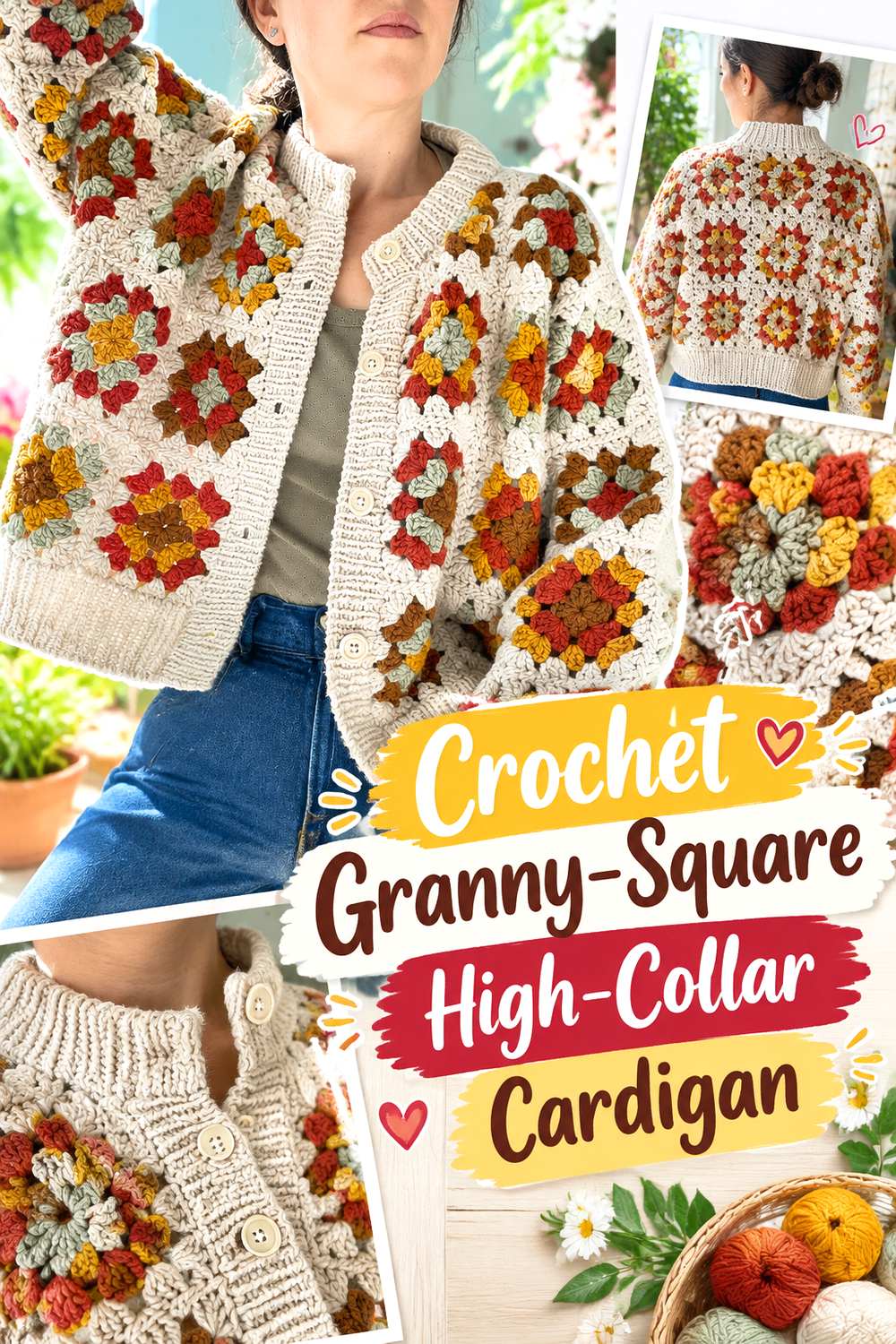 Crochet Granny Square High Collar Cardigan