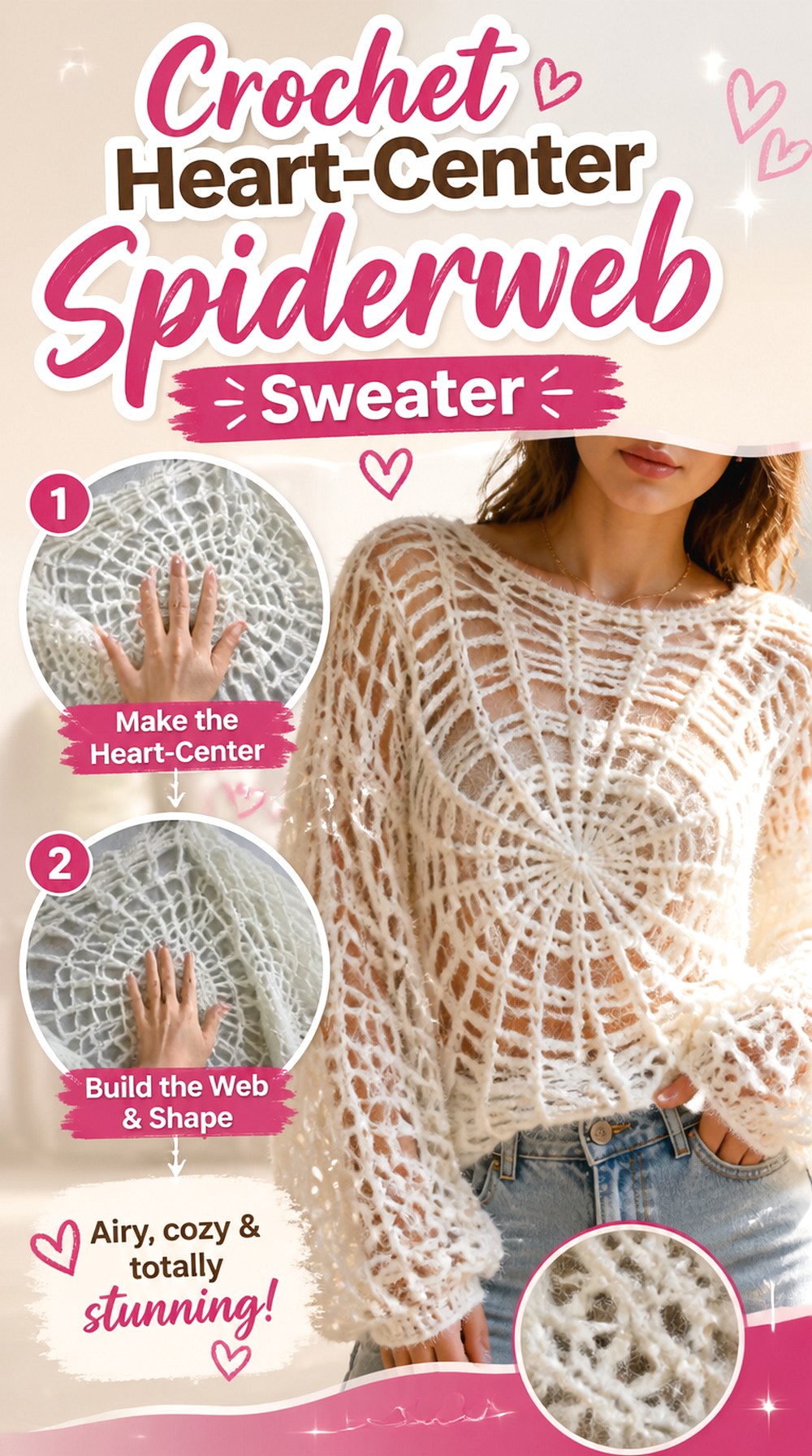 Crochet Heart Center Spiderweb Sweater