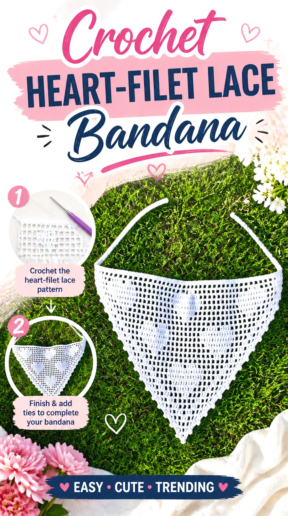 Crochet Heart Filet Lace Bandana