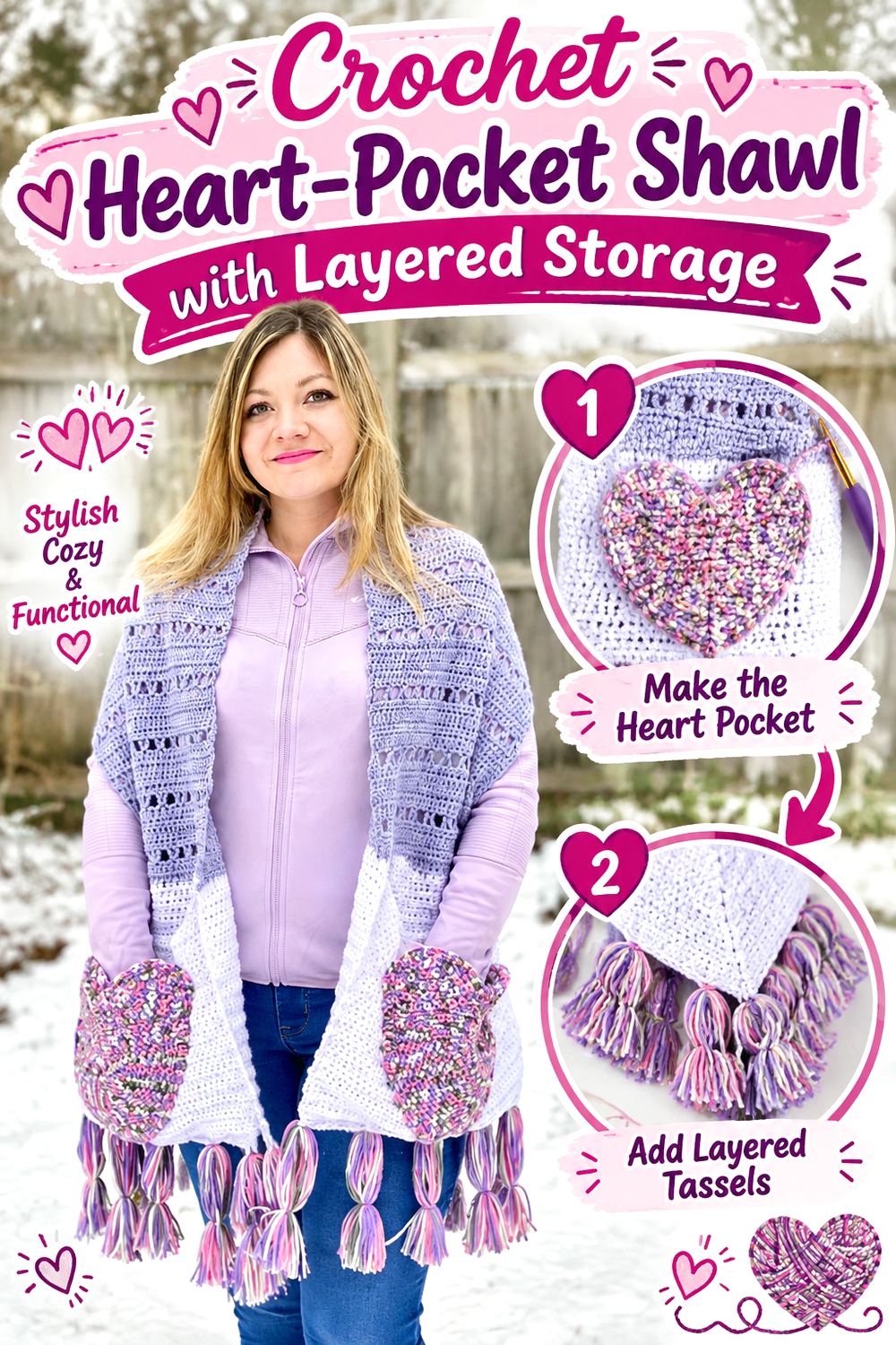 Crochet Heart Pocket Shawl with Layered Storage