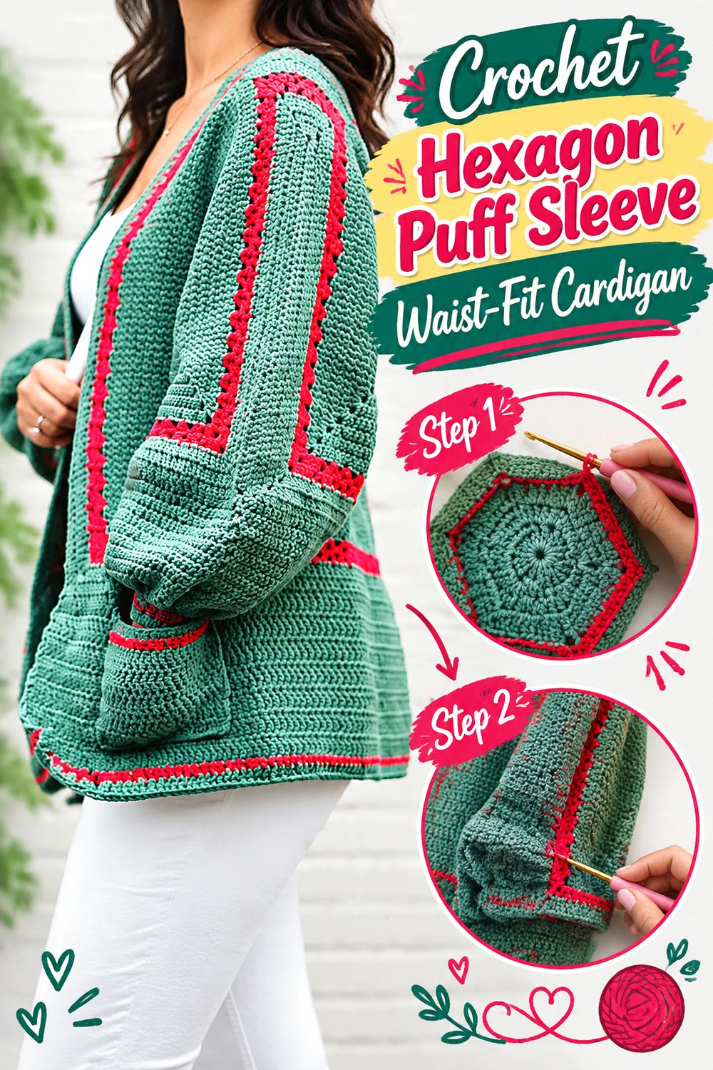 Crochet Hexagon Puff Sleeve Waist Fit Cardigan