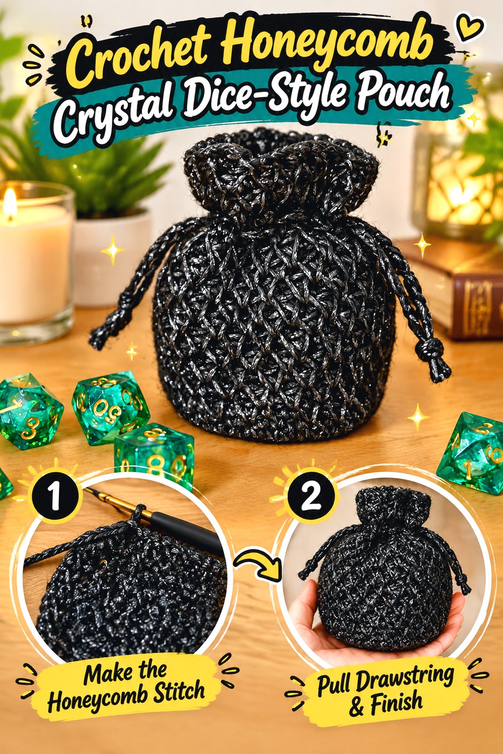 Crochet Honeycomb Crystal Dice Style Pouch