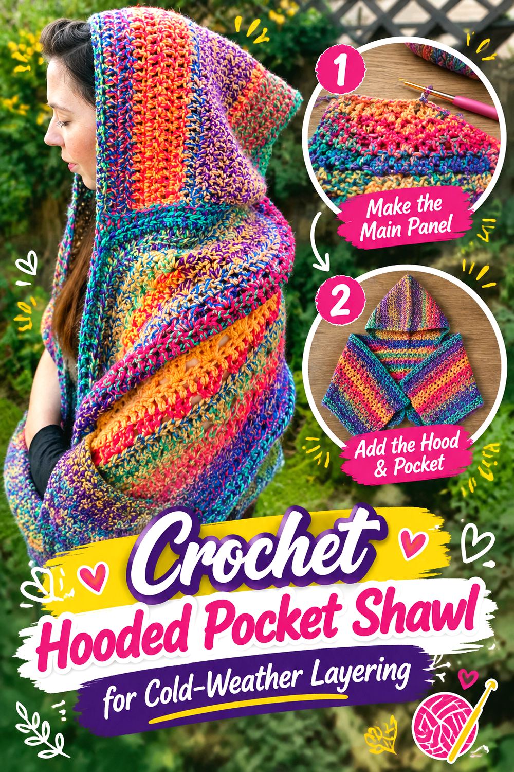 Crochet Hooded Pocket Shawl for Cold Weather Layering
