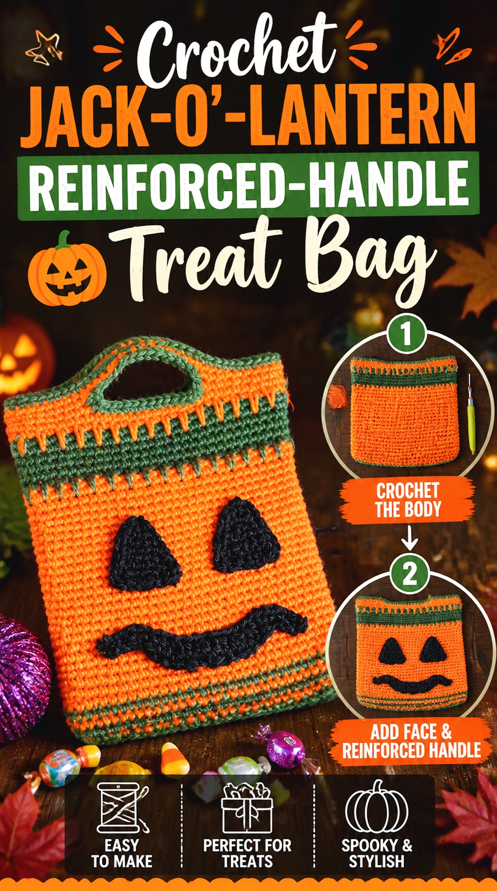 Crochet Jack O’ Lantern Reinforced Handle Treat Bag
