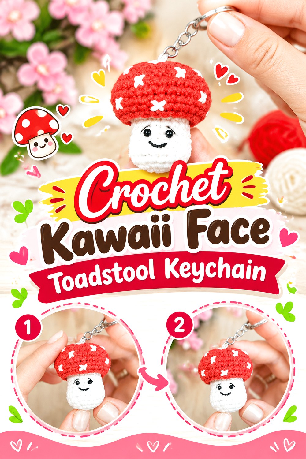 Crochet Kawaii Face Toadstool Keychain