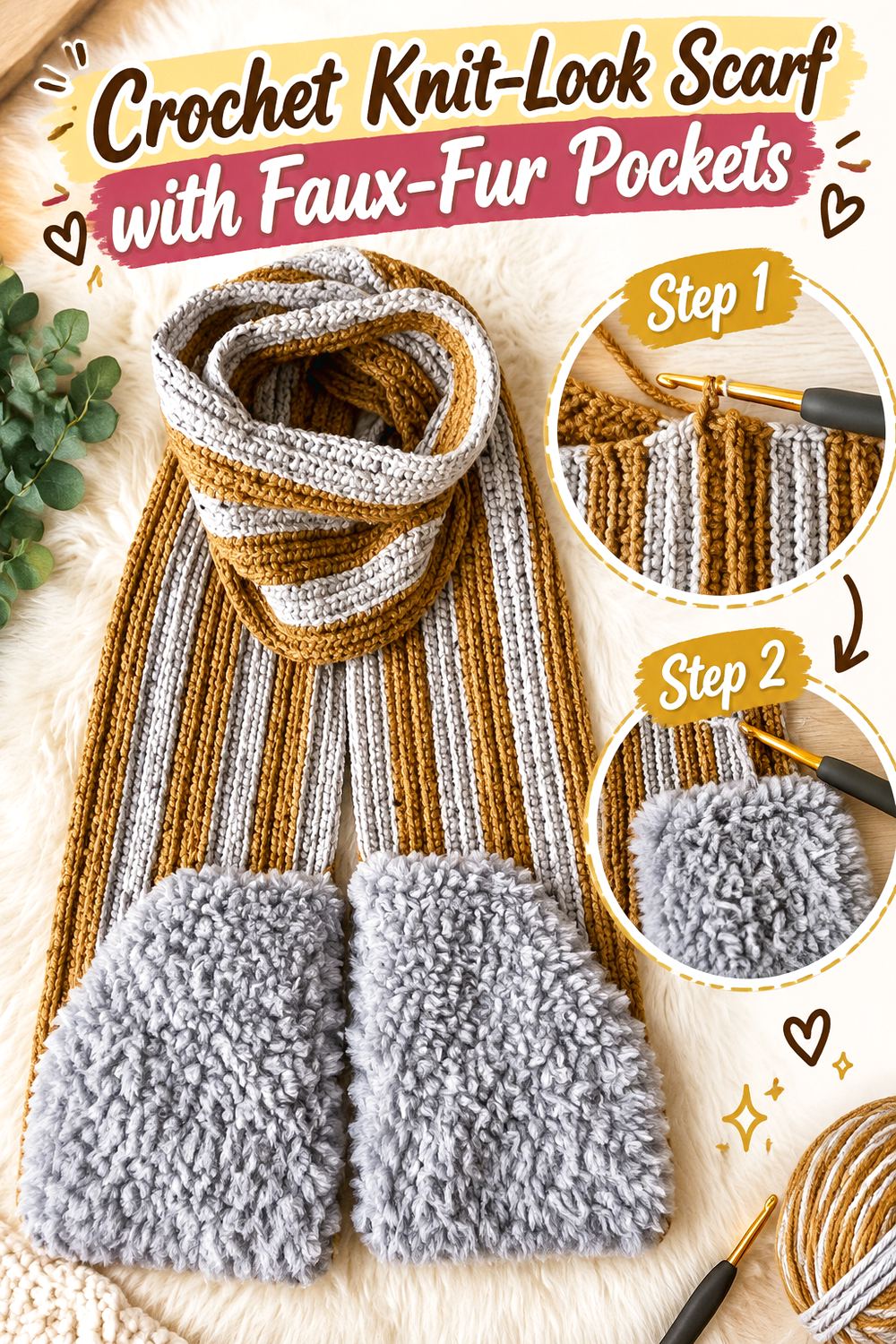 Crochet Knit Look Scarf with Faux Fur Pockets