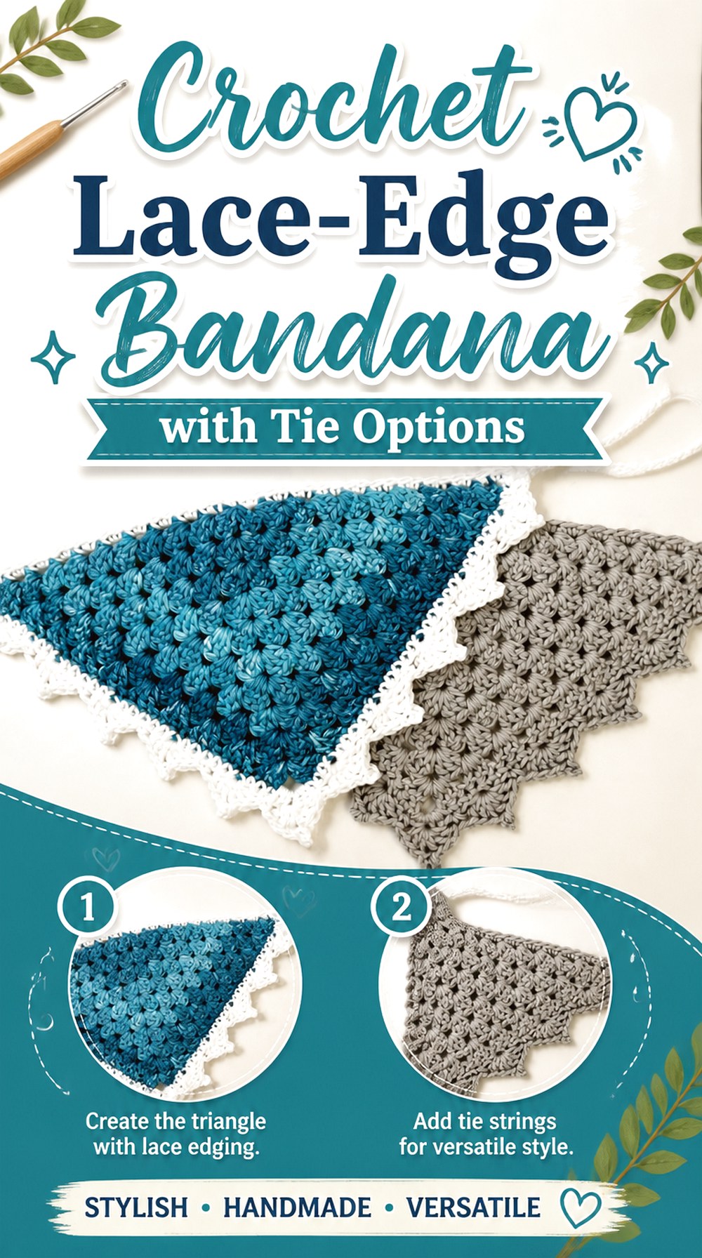 Crochet Lace Edge Bandana with Tie Options