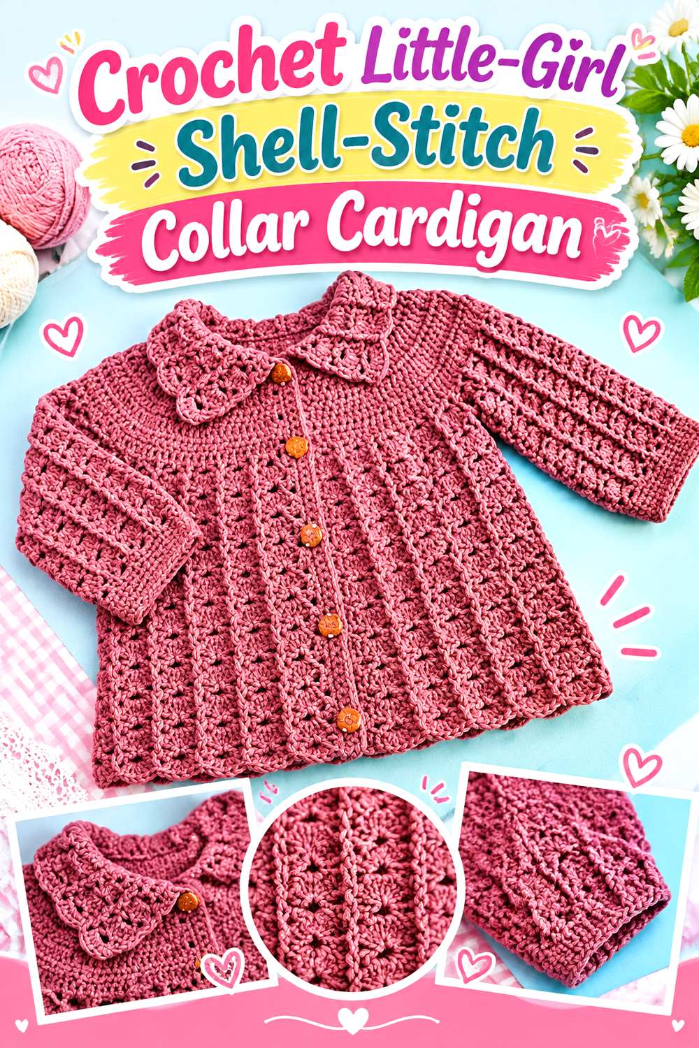 Crochet Little Girl Shell Stitch Collar Cardigan