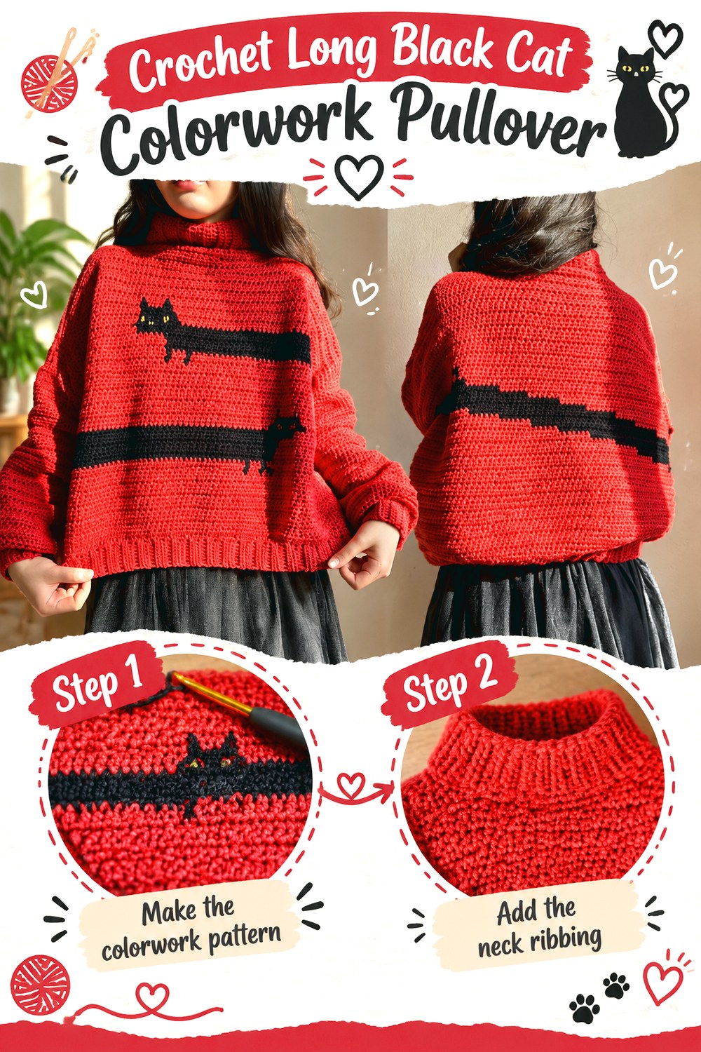 Crochet Long Black Cat Colorwork Pullover