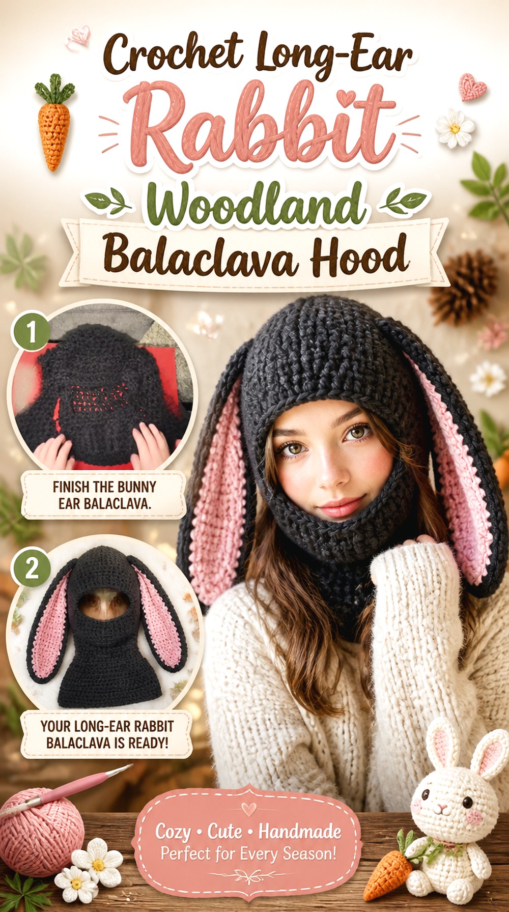 Crochet Long Ear Rabbit Woodland Balaclava Hood