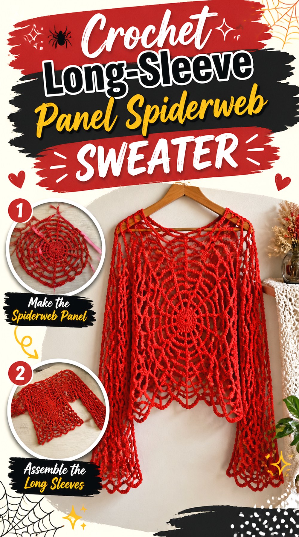Crochet Long Sleeve Panel Spiderweb Sweater