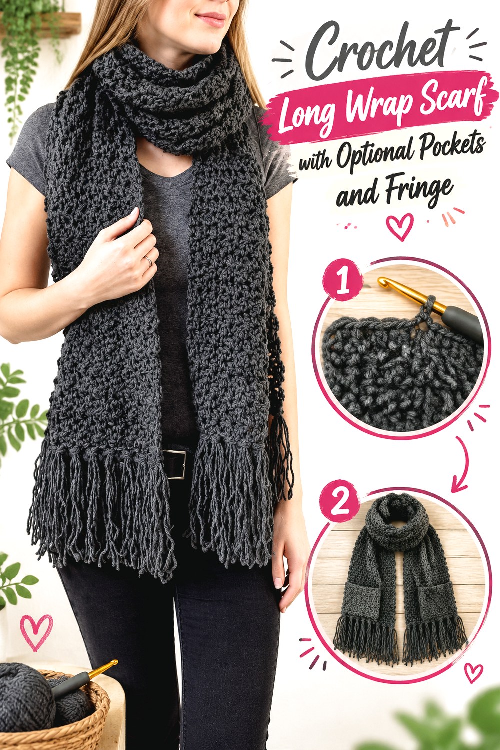 Crochet Long Wrap Scarf with Optional Pockets and Fringe