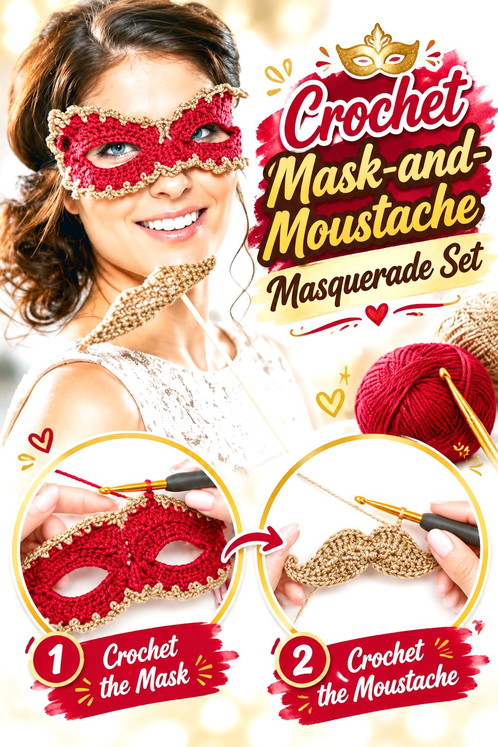 Crochet Mask and Moustache Masquerade Set