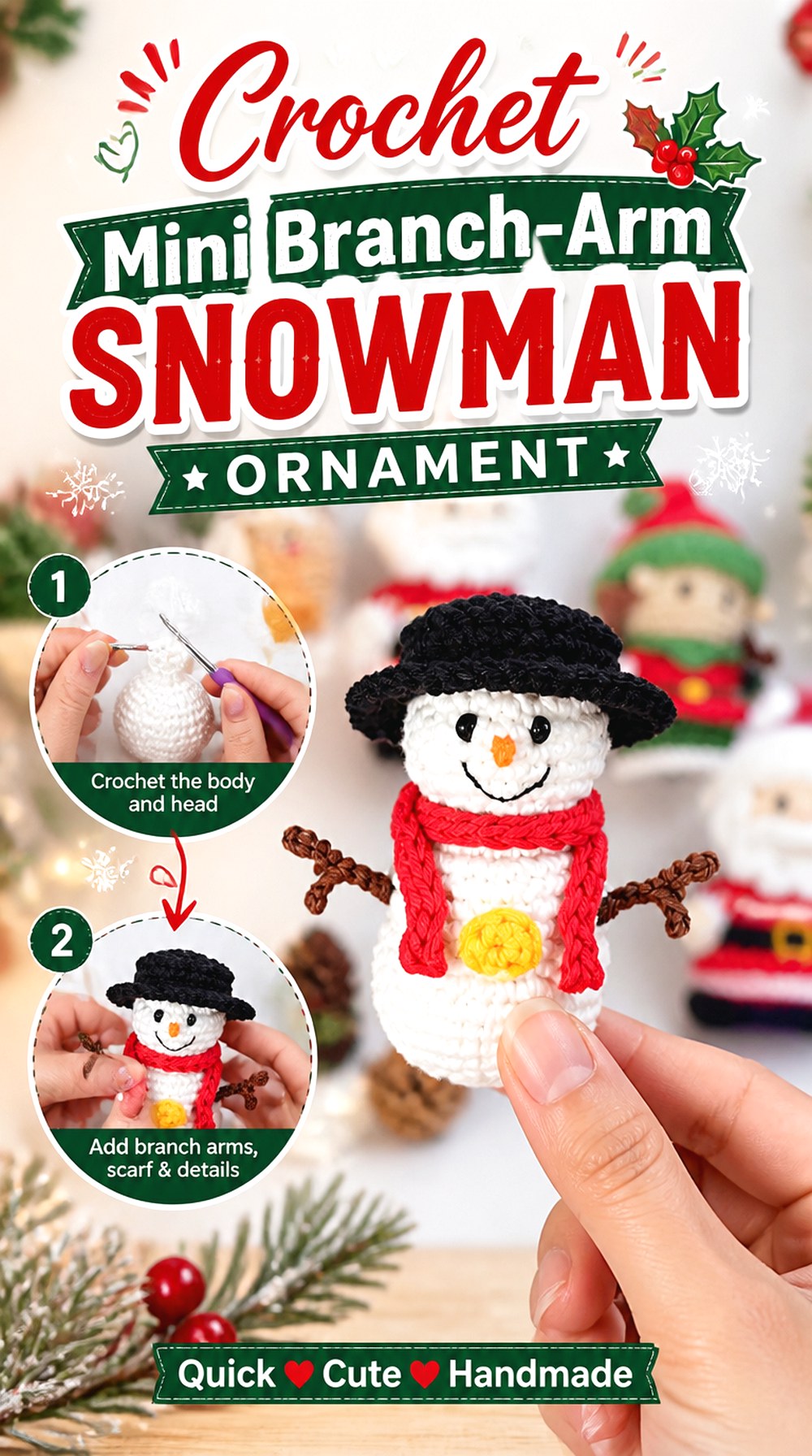 Crochet Mini Branch Arm Snowman Ornament