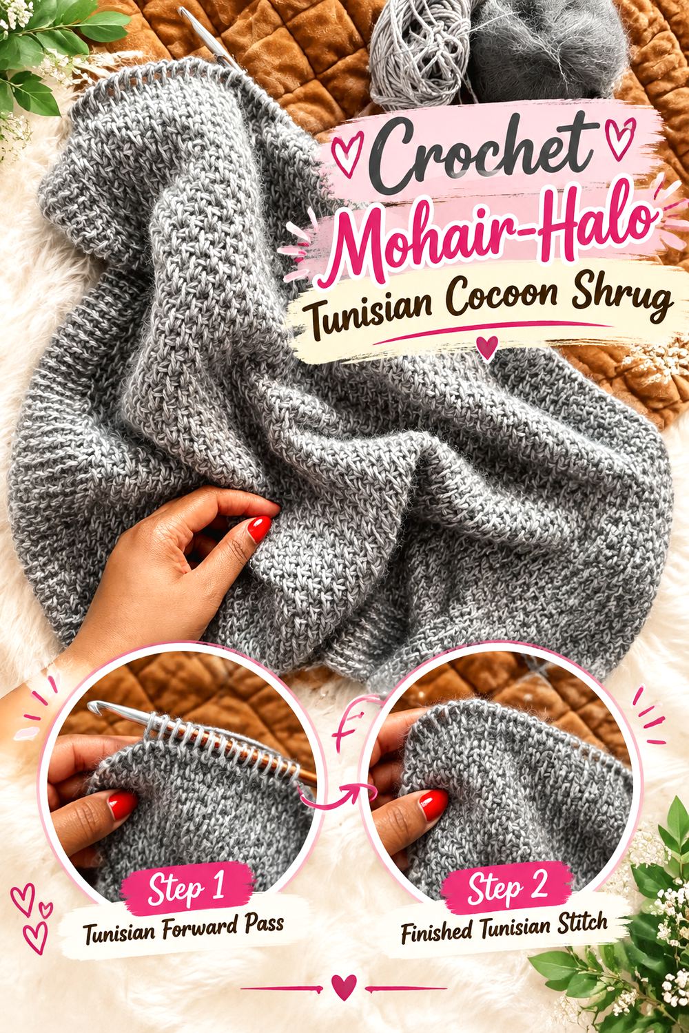 Crochet Mohair Halo Tunisian Cocoon Shrug