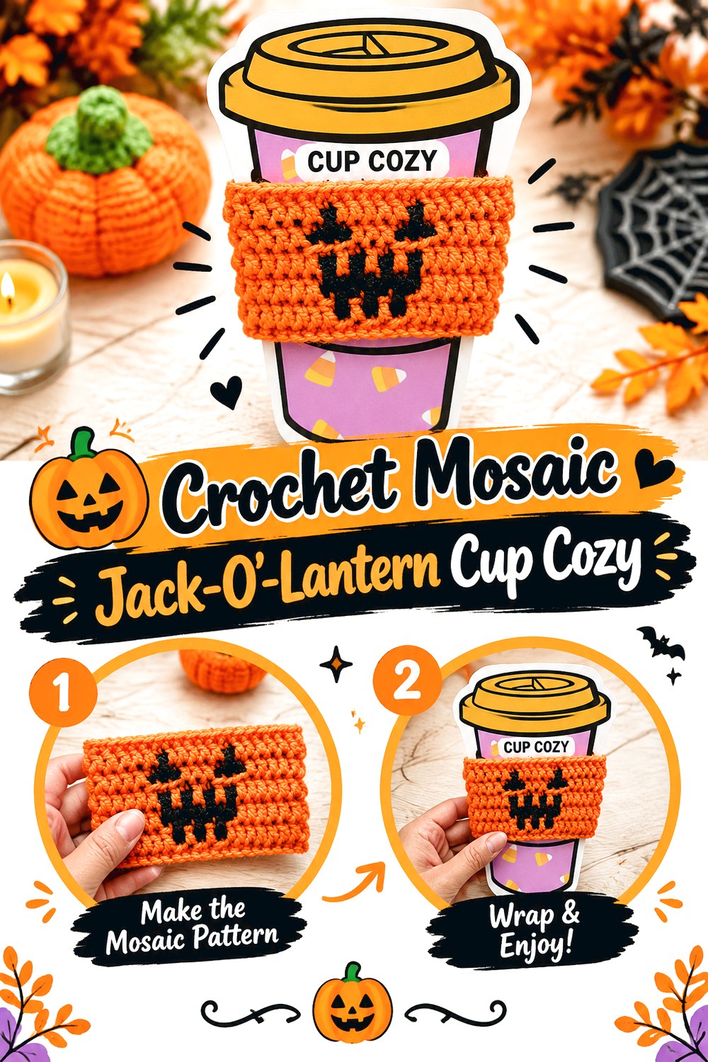 Crochet Mosaic Jack O’ Lantern Cup Cozy