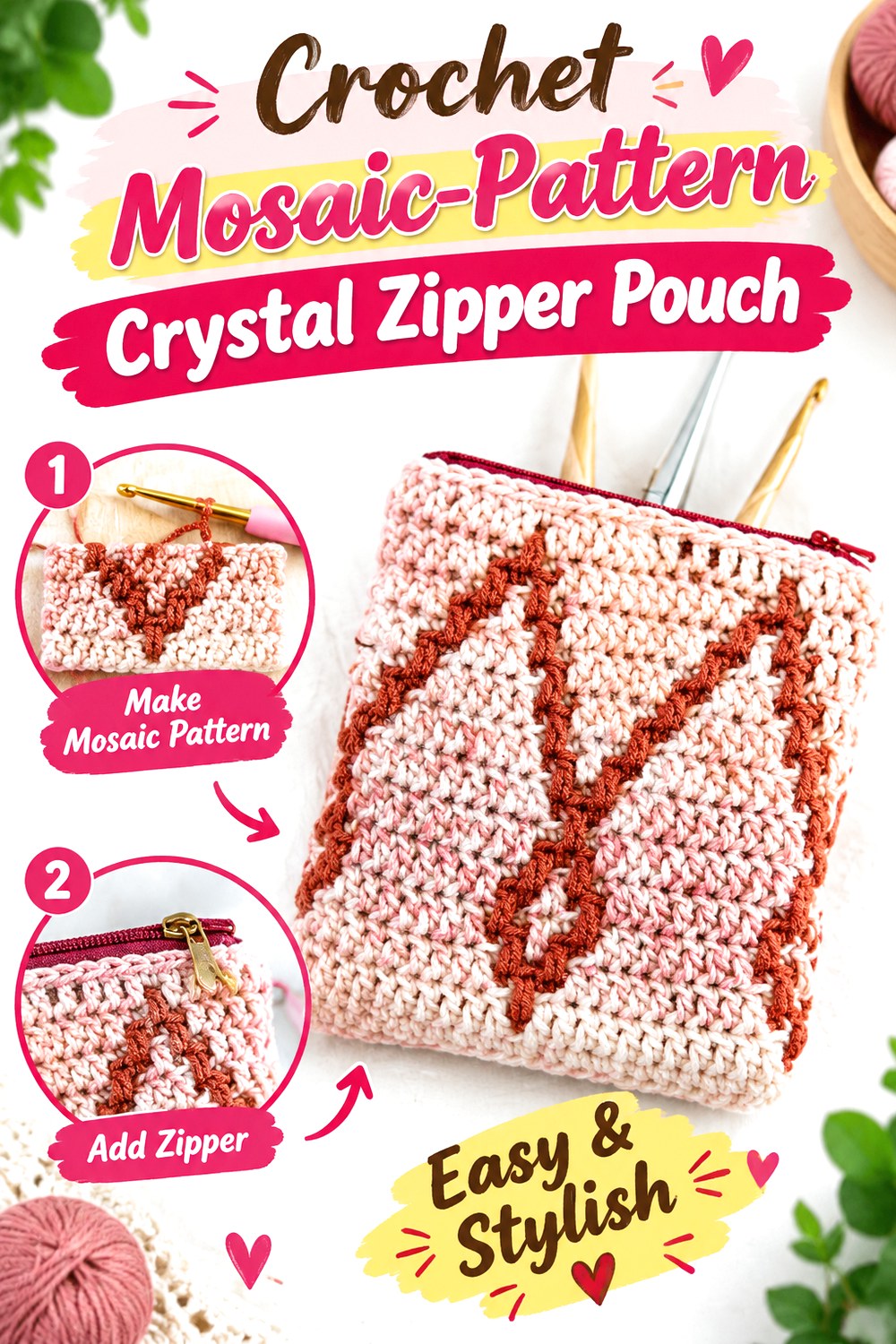 Crochet Mosaic Pattern Crystal Zipper Pouch
