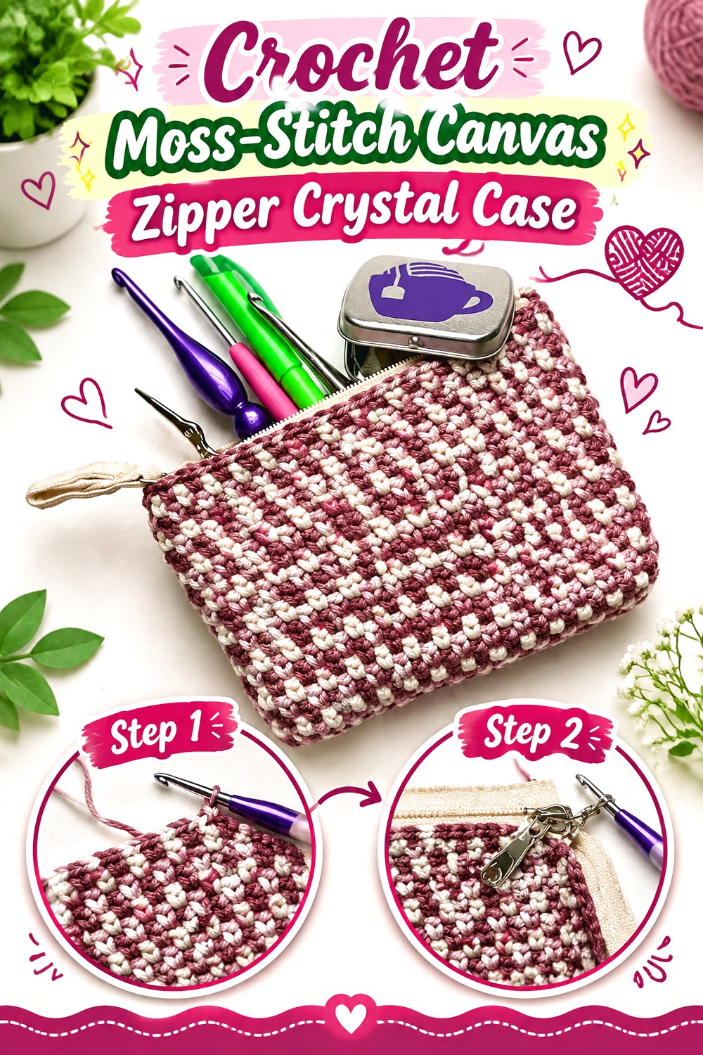 Crochet Moss Stitch Canvas Zipper Crystal Case