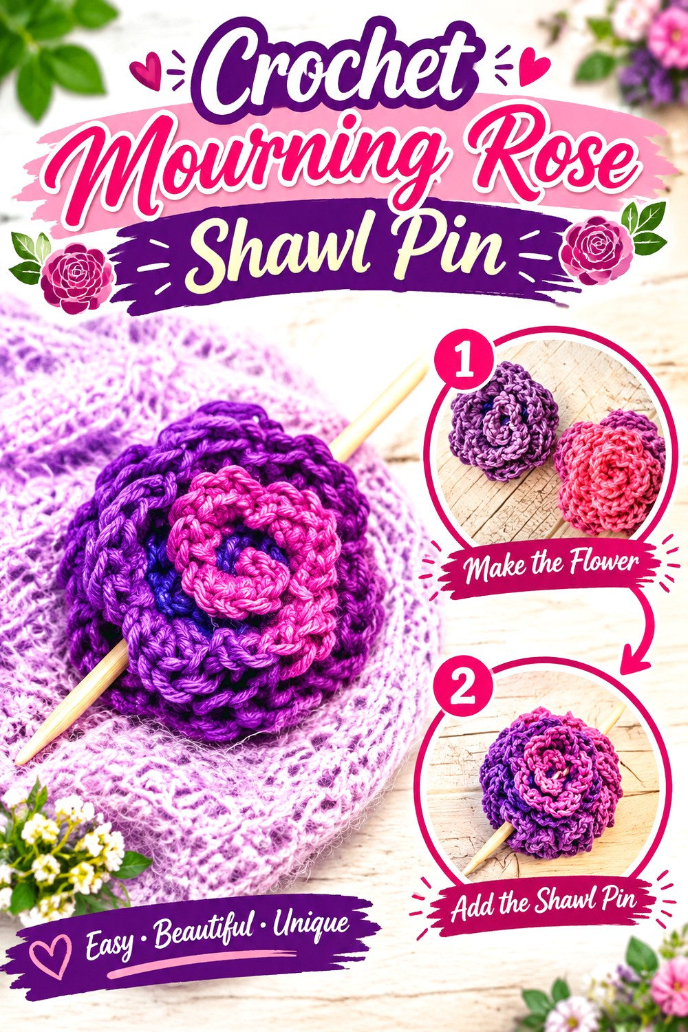 Crochet Mourning Rose Shawl Pin