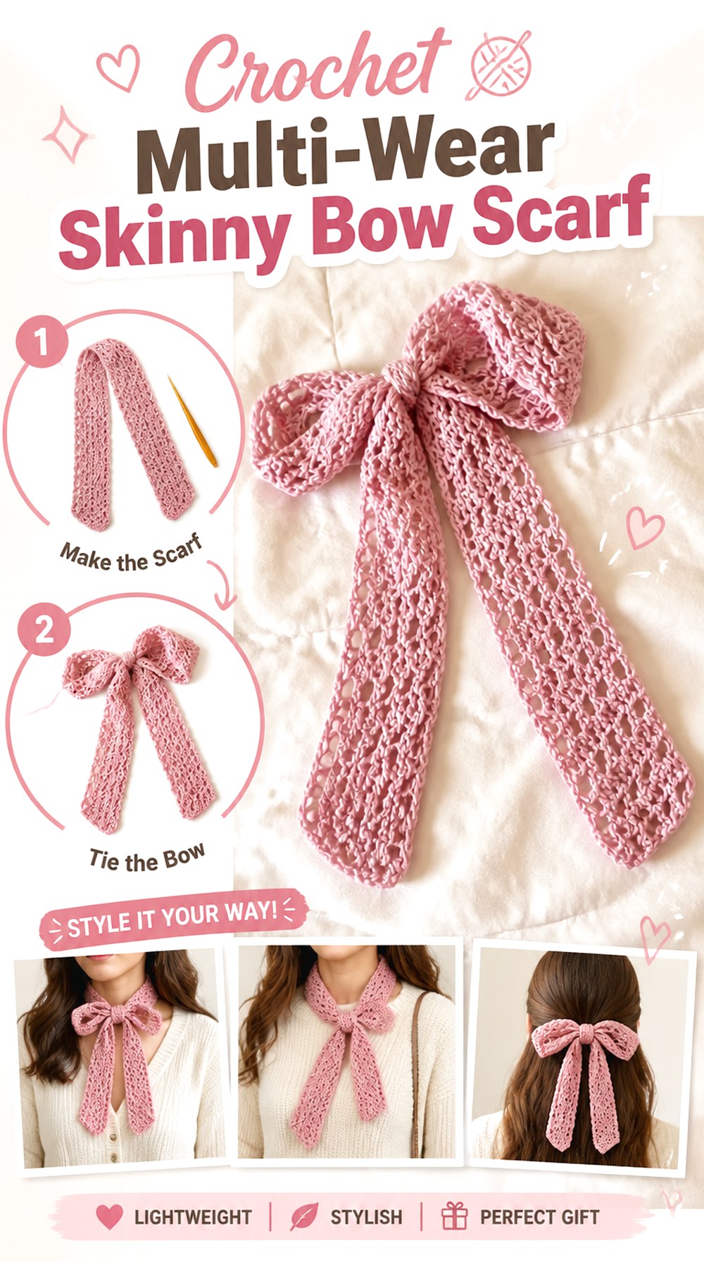 Crochet Multi Wear Skinny Bow Scarf
