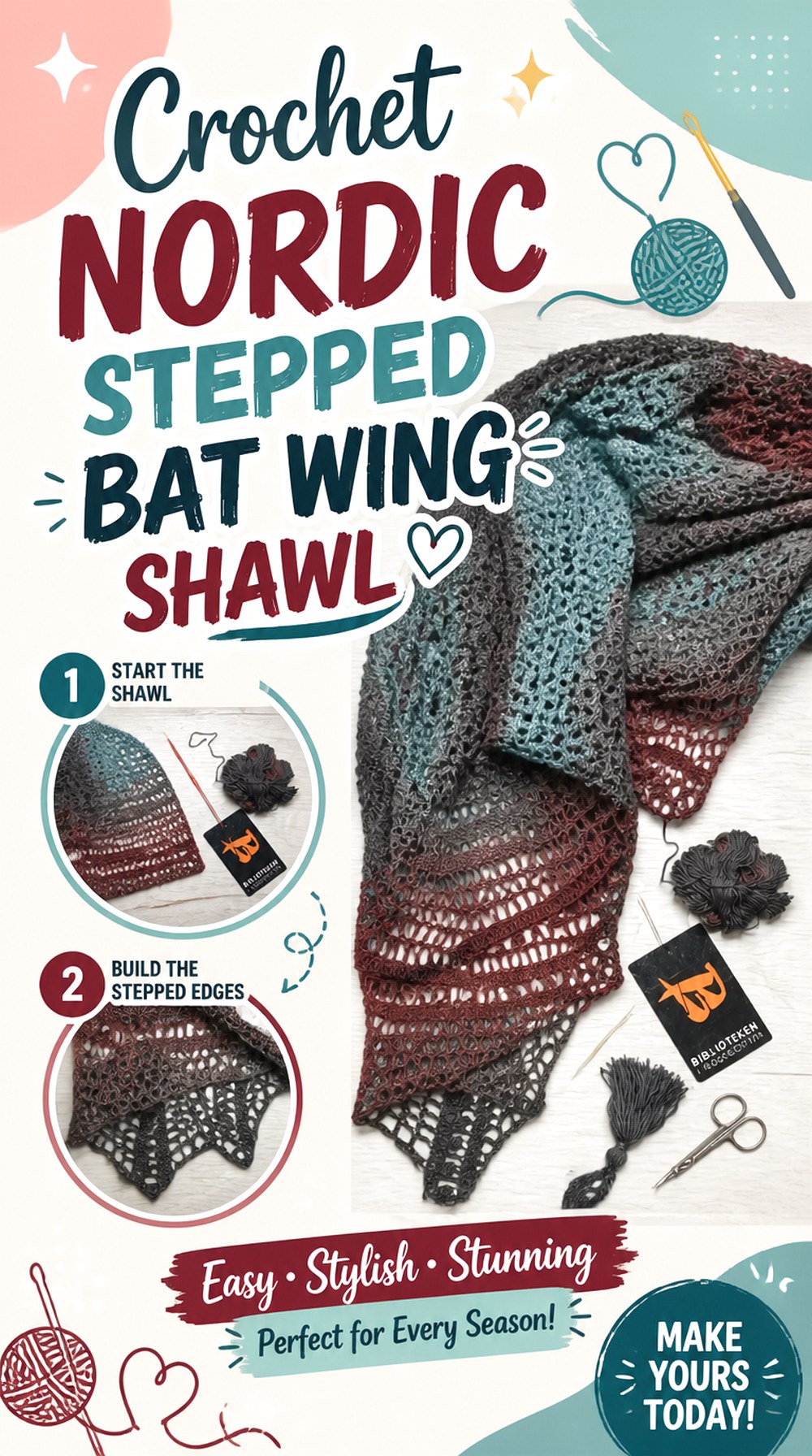 Crochet Nordic Stepped Bat Wing Shawl