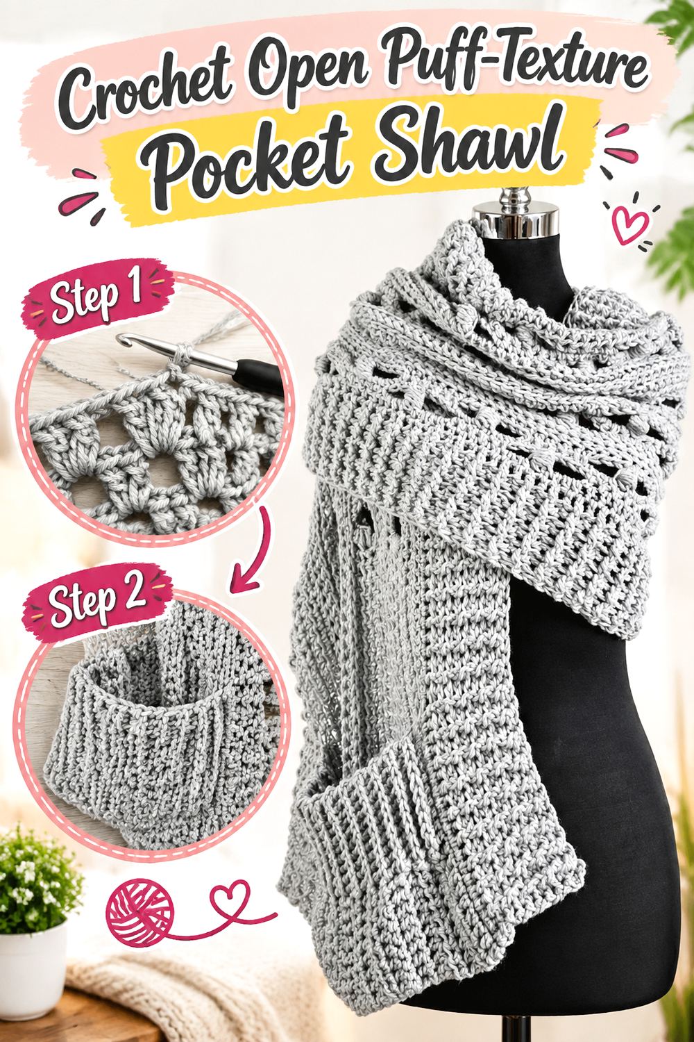 Crochet Open Puff Texture Pocket Shawl