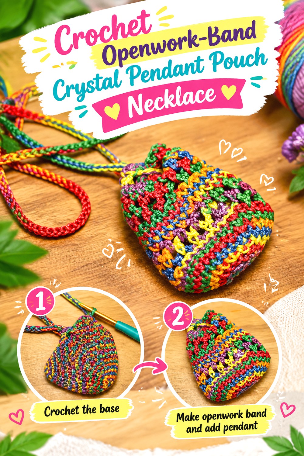 Crochet Openwork Band Crystal Pendant Pouch Necklace