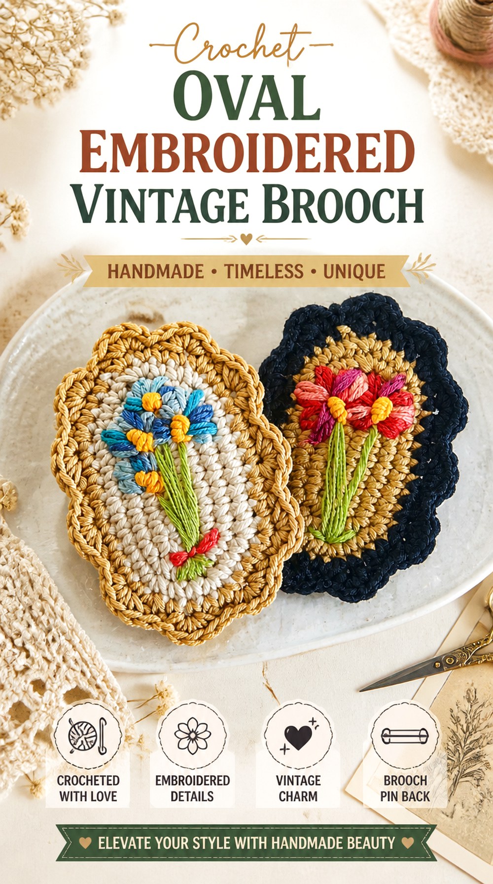 Crochet Oval Embroidered Vintage Brooch